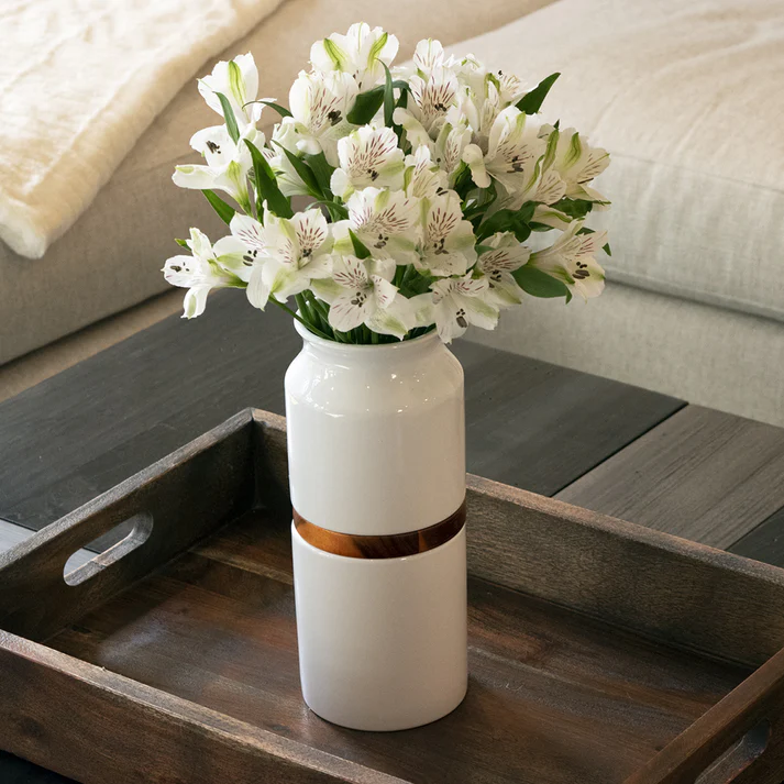 Fiori Vase White with Walnut